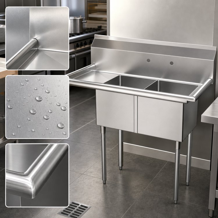 Product image #3 for KoolMore 43-Inch Two-Compartment Stainless Steel Commercial Sink with Left Drainboard and Backsplash