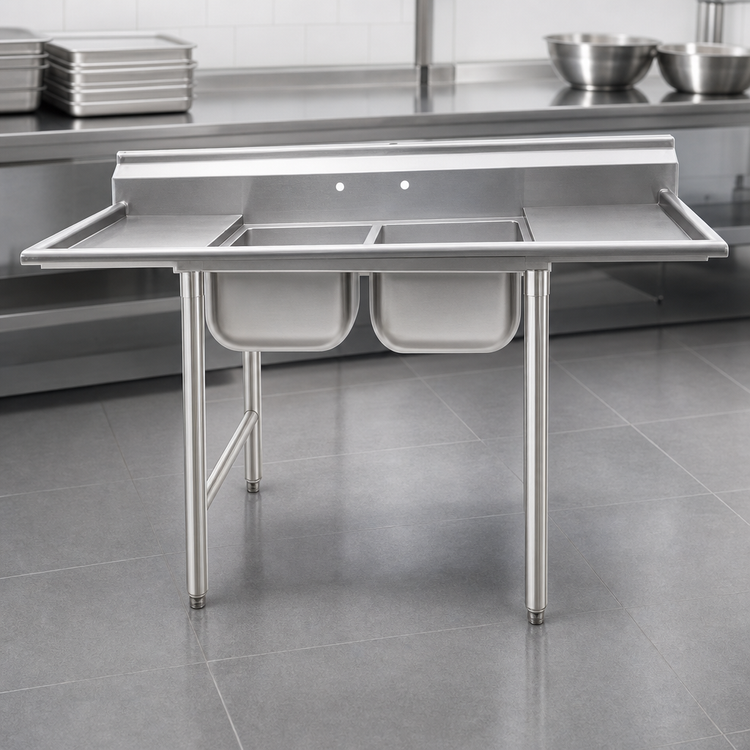 Product image #3 for Eagle Group 412 Series Two-Compartment Stainless Steel Sink with Left and Right Drainboards, 84-1/4 Inch Wide