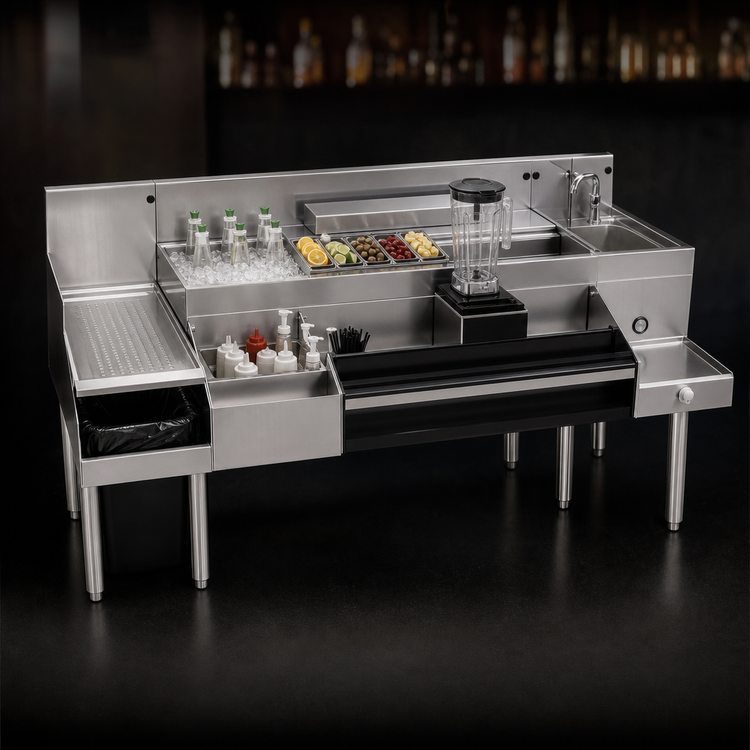 Product image #3 for Glastender 66-Inch All-In-One Underbar Ice Bin and Cocktail Station with Blender Shelf, Sink, and Speed Rails