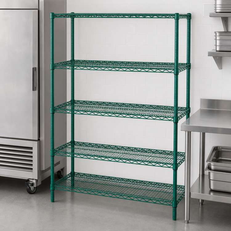 Product image #3 for Quantum 5-Shelf Wire Shelving Starter Kit, 72"W x 14"D x 63"H, Green Epoxy Antimicrobial Finish