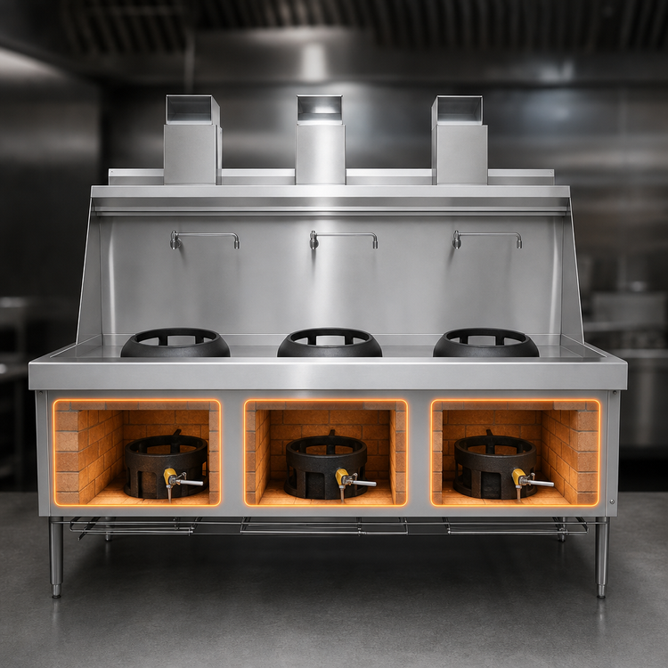 Product image #3 for MasterRange MF-3-SS 3-Section Gas Wok Range with Brick-Lined Chambers and Stainless Steel Deck & Sides