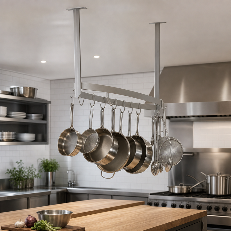 Product image #3 for John Boos PRB03-C Boat-Shaped Ceiling-Mounted Stainless Steel Pot Rack with 18 Double Hooks
