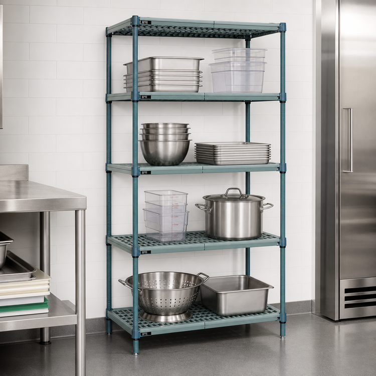 Product image #3 for Quantum Wire Plastic Mat 4-Tier Stationary Shelving Unit, 36W x 14D x 74H, Green Epoxy