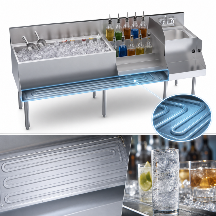 Product image #4 for Krowne Royal Series 72-Inch Underbar Ice Bin/Cocktail Station with 10-Circuit Cold Plate, Blender Station, and Raised Liquor Display
