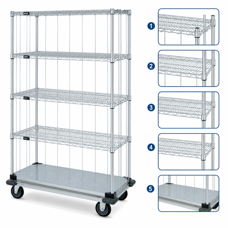 Product image #3 for Quantum 36" x 18" x 70" Mobile Enclosure Cart, 5-Shelf Wire Shelving Unit, Chrome Plated
