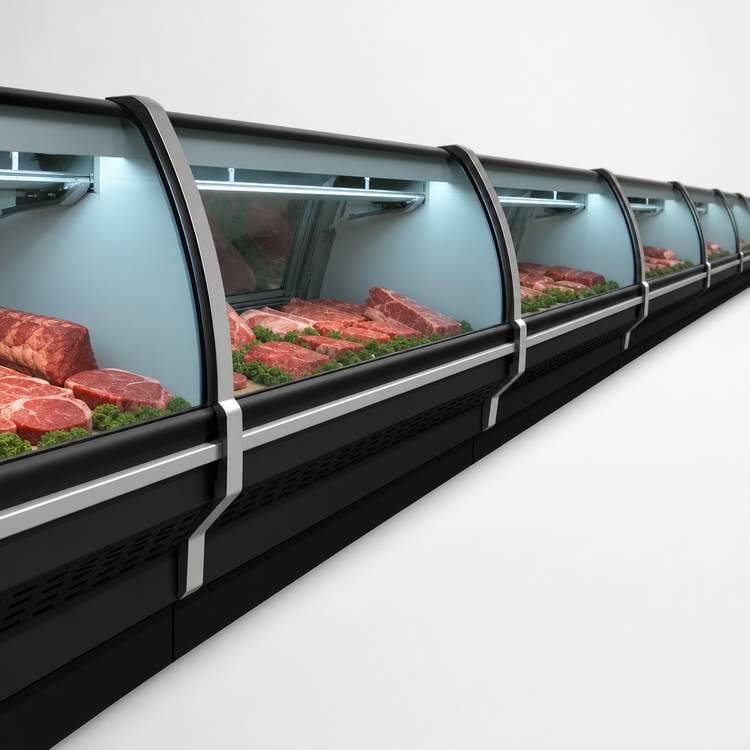 Product image #3 for Howard-McCray 40E Series Endless Design Red Meat Service Case, 51-1/2 Inch Wide, Remote Refrigeration, Curved Glass, Black Exterior/White Interior, LED