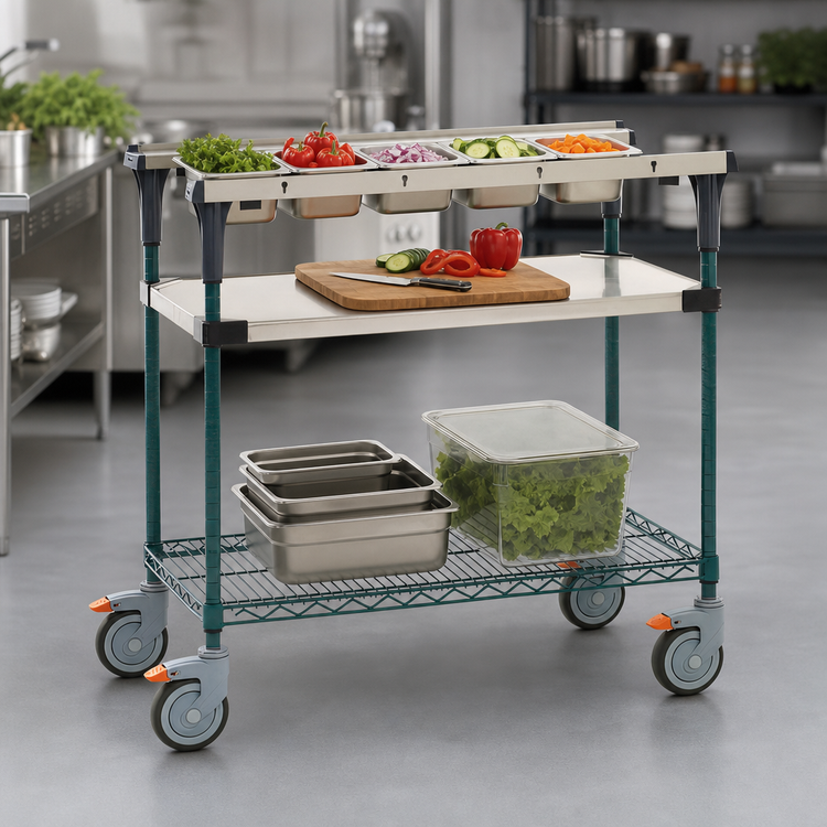 Product image #3 for Metro PrepMate® MultiStation 18" x 30" Mobile Prep Cart with Stainless Steel Top Shelf and MetroSeal 3 Wire Shelf