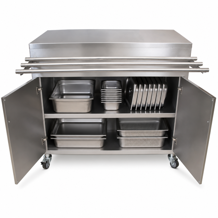Product image #3 for Stationary Modular Stainless Steel Serving Counter with Hinged Door and 12-1/2-Inch Tray Shelf, 60 x 30 Inches
