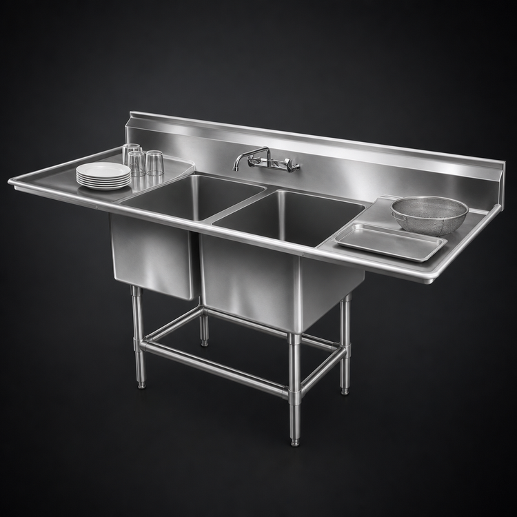 Product image #3 for Eagle Group Spec-Master FN Series Two-Compartment Stainless Steel Sink with Left and Right 36" Drainboards, 116"W x 35"D