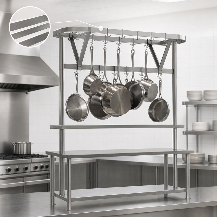 Product image #3 for Eagle Group Table-Mounted Triple-Bar Stainless Steel Pot Rack with 21 Double-Prong Hooks