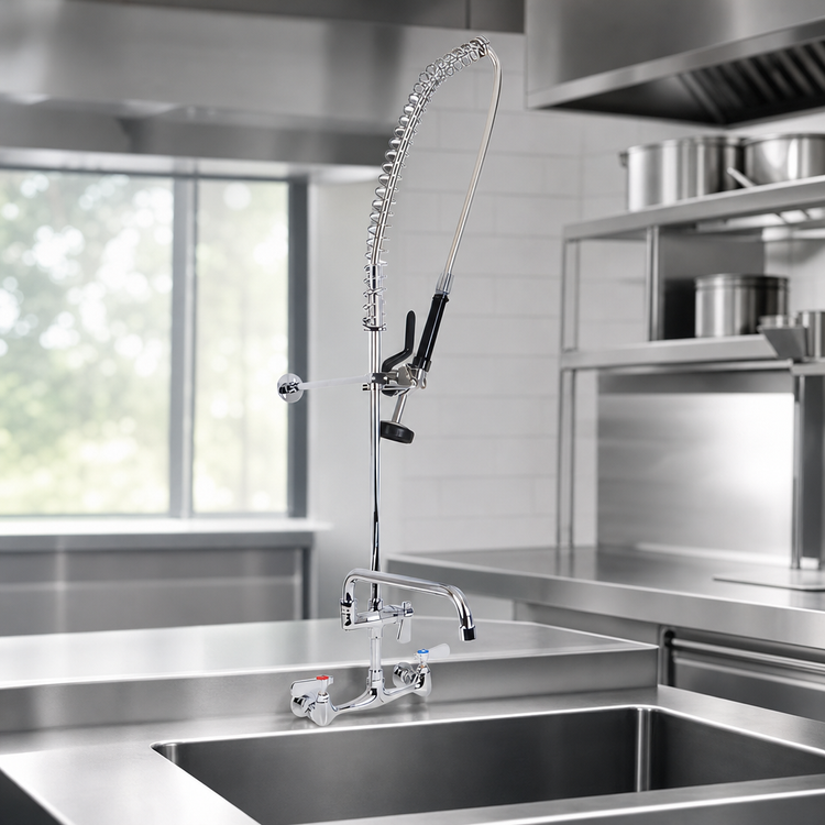 Product image #3 for BK Resources WorkForce Lead-Free 8-Inch Splash Mount Pre-Rinse Assembly with Add-On Faucet and 8-Inch Swing Spout