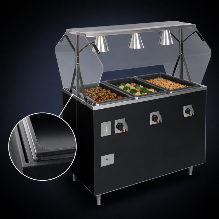 Product image #3 for Vollrath 2-Series Affordable Portable 3-Well Mobile Hot Food Station Deluxe with Buffet Breath Guard and Open Storage Base