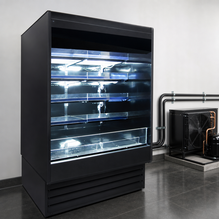 Product image #3 for Howard-McCray 35E Series 39"W Remote Refrigerated Horizontal Open Merchandiser with 4 Rows of Lighted Shelves, Black