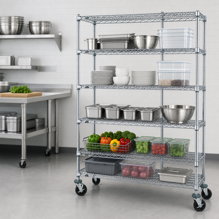 Product image #3 for Metro Super Erecta Adjustable 5-Shelf Wire Shelving Stem Caster Cart, 60 x 24 Inches, Chrome Finish