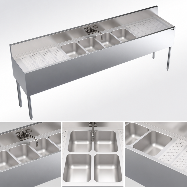 Product image #3 for Krowne Royal Series Four-Compartment Bar Sink Unit with Left and Right Drainboards, 96-Inch W x 19-Inch D