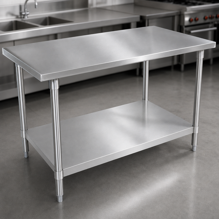 Product image #3 for John Boos Stallion 108-Inch x 24-Inch 16-Gauge 300 Series Stainless Steel Flat Top Work Table with Safety Edge and Adjustable Undershelf