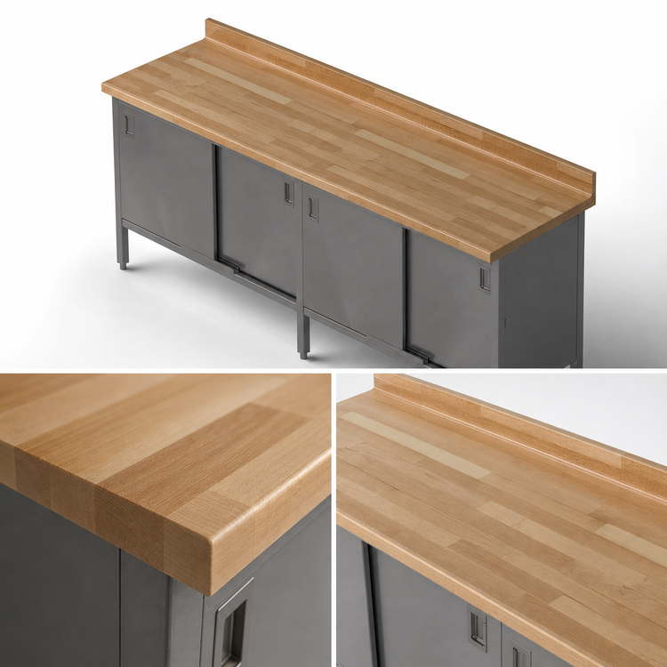 Product image #3 for John Boos 120"W x 24"D x 40-1/2"H Wood Top Work Table with Cabinet Base and Sliding Doors, 1-3/4" Thick Edge Grain Northern Hard Rock Maple Top