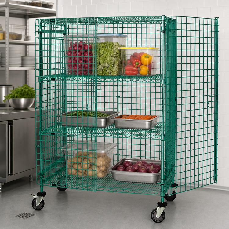 Product image #3 for Quantum Mobile Wire Security Cage with 2 Intermediate Shelves, 36 in. W x 18 in. D x 69 in. H, Green Epoxy