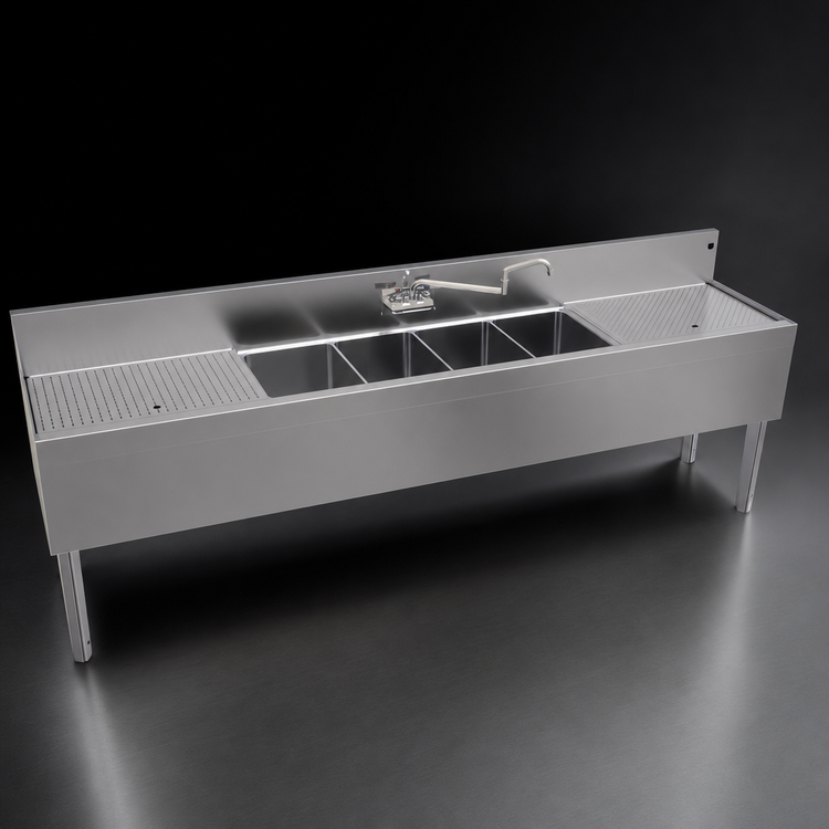 Product image #3 for Glastender 96-Inch Four-Compartment Stainless Steel Underbar Sink Unit with Dual 24-Inch Drainboards