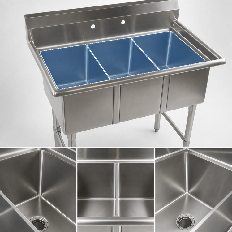 Product image #3 for Klinger's Trading MCS3 50-Inch Three-Compartment Stainless Steel Sink Without Drainboards