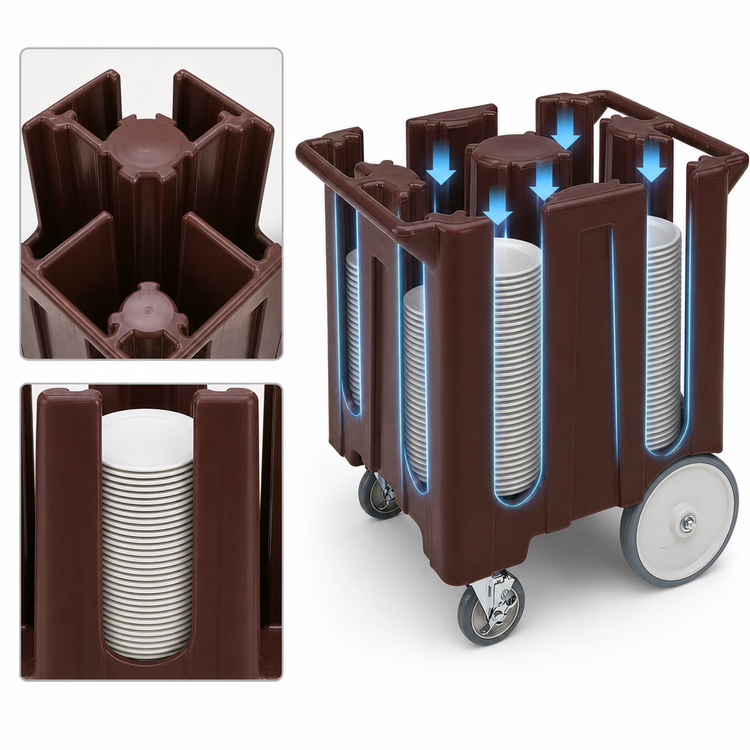 Product image #4 for Cambro DC825131 4-Column Dish Caddy Cart for 8-1/4-Inch Plates, Dark Brown