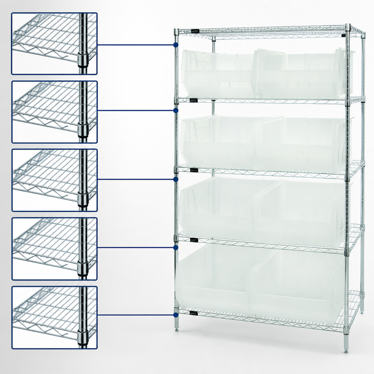 Product image #3 for Quantum Stationary Bin Wire Shelving System, 42 in. W x 24 in. D x 74 in. H, 5 Shelves, 8 Clear Bins