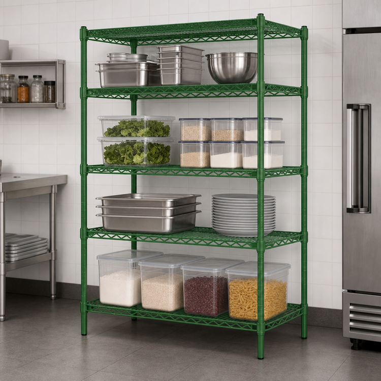 Product image #3 for Heavy Duty 4-Tier Freestanding Wire Shelving Unit, 48 x 14 Inches, Green Epoxy Coated
