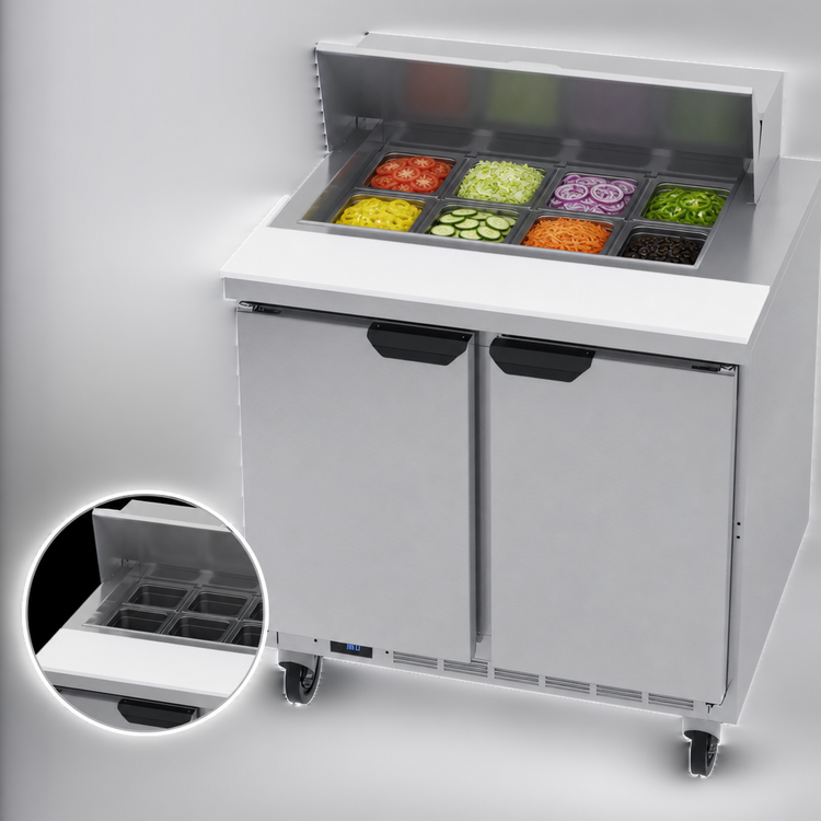 Product image #4 for Beverage-Air 36-Inch Two-Section Sandwich Top Refrigerated Prep Table with 2 Doors and 8 Pan Opening