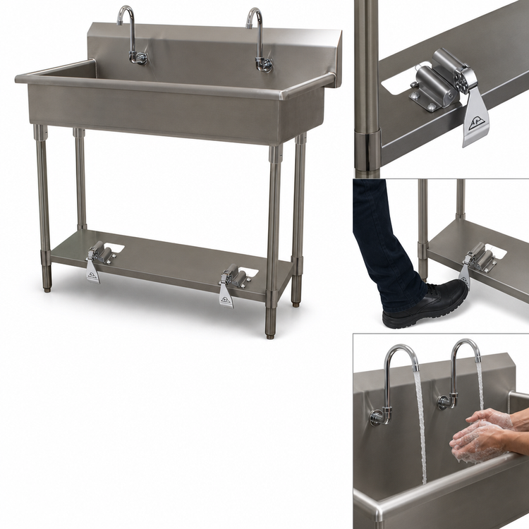 Product image #3 for Advance Tabco 2-Station 40-Inch Freestanding Multiwash Hand Sink with Toe-Push Valves and Gooseneck Spouts