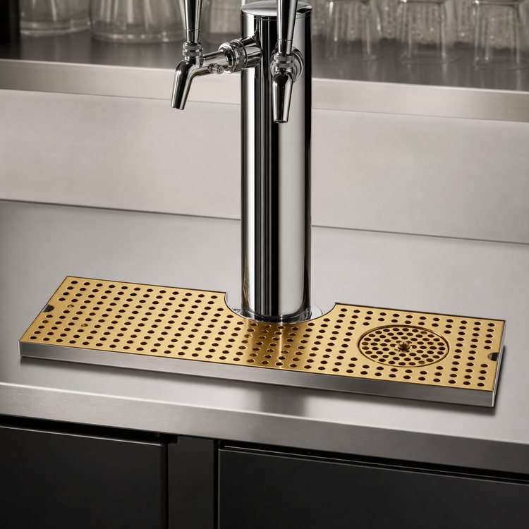 Product image #3 for Micro Matic Surface Mount Drip Tray Trough with Integral Glass Rinser, Metropolis T Cutout, 34 Inch, PVD Brass/Stainless Steel
