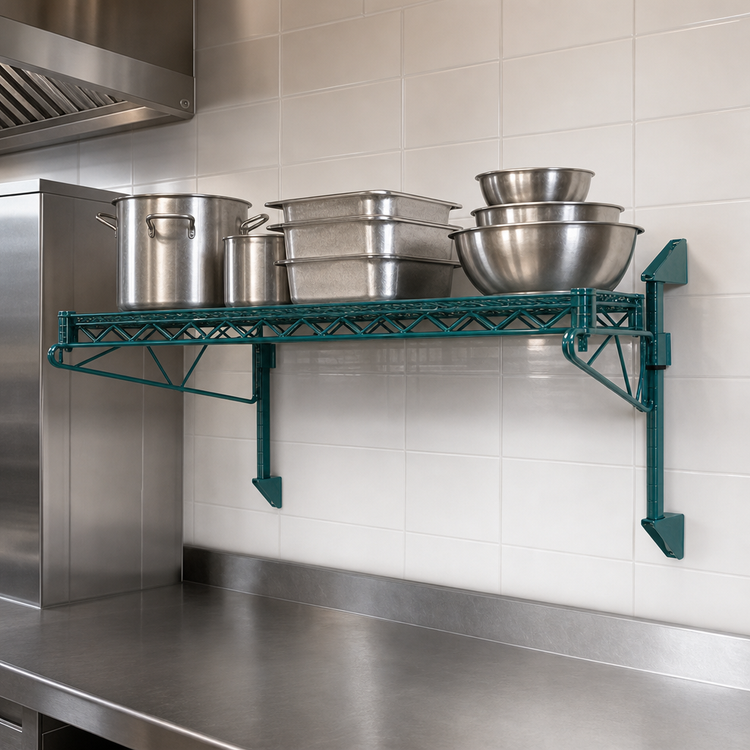Product image #3 for Quantum Cantilever Wall-Mount Single Wire Shelf System, 54 x 18 Inches, Green Epoxy Antimicrobial Finish
