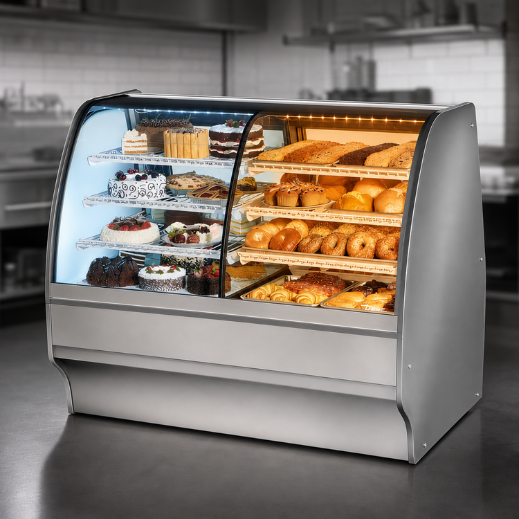 Product image #3 for True 59-1/4 Inch Dual Zone Dry/Refrigerated Curved Glass Full-Service Floor Merchandiser, Stainless Steel, Self-Contained R290