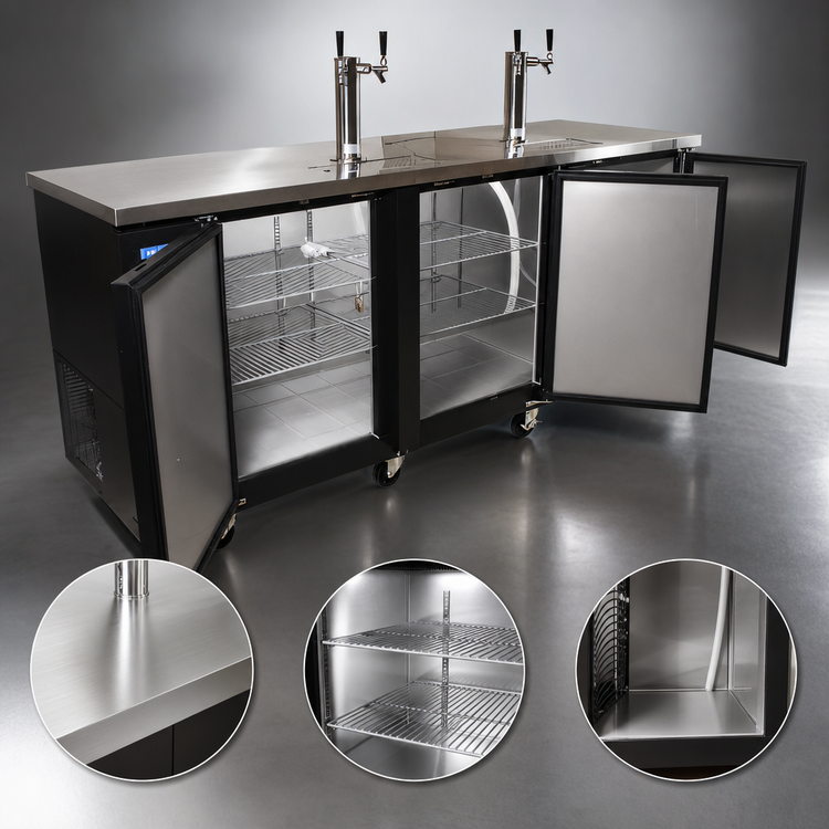 Product image #4 for BK Resources 90-Inch Underbar Draft Beer Cooler / Kegerator Beer Dispenser with 3 Doors, 2 Towers and 3-Keg Capacity