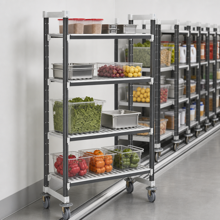 Product image #3 for Cambro Camshelving Elements XTRA High Density Mobile Starter Unit, 21" x 54" x 78-1/4", 4-Tier Vented Shelving, Speckled Gray