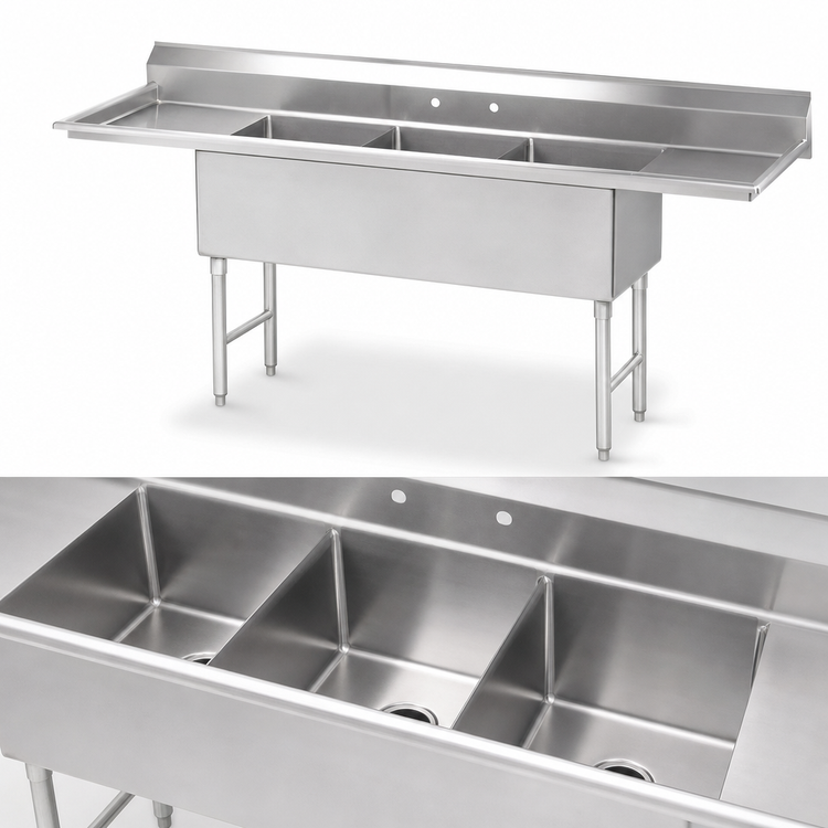Product image #3 for Advance Tabco 3-Compartment Fabricated Sink with Left and Right Drainboards, 30 x 24 x 14 Inch Bowls, 162 Inch Overall Length