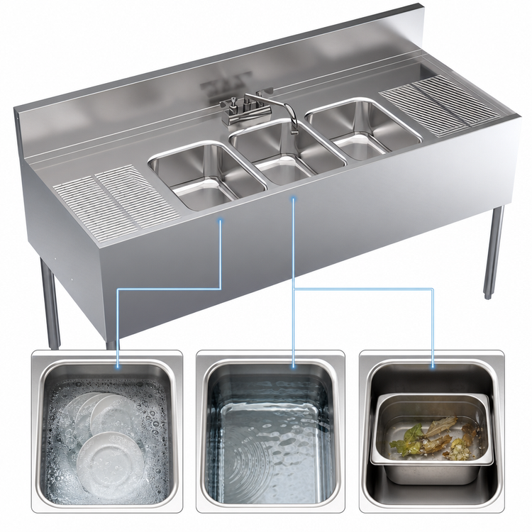 Product image #3 for Krowne Royal Series Three-Compartment Underbar Sink Unit with Left and Right Drainboards, 60-Inch W x 24-Inch D