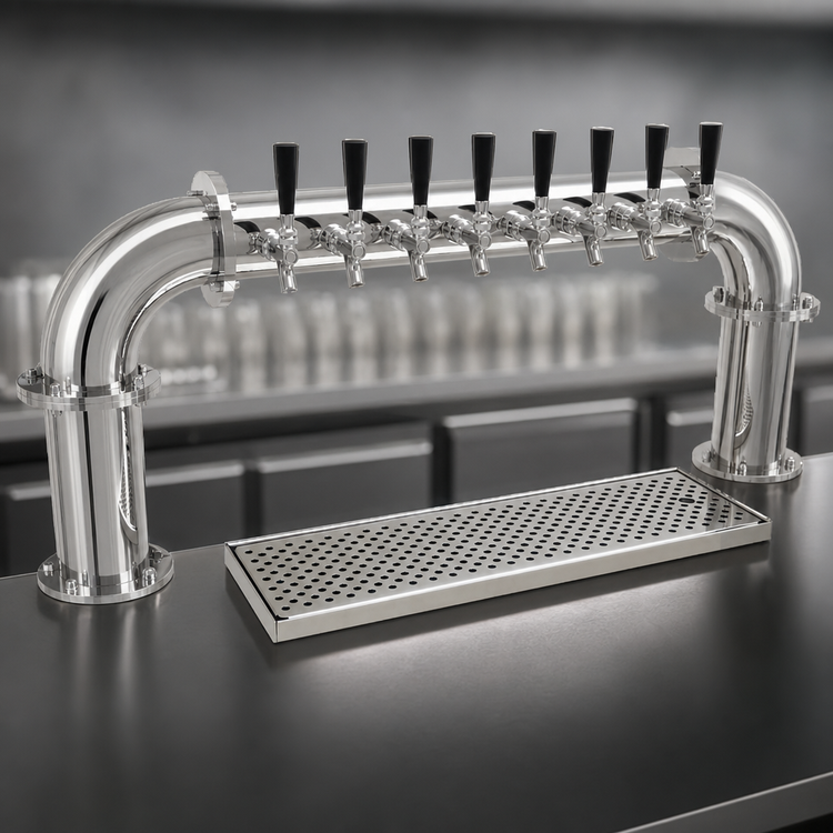 Product image #3 for Glastender Countertop Pipe Pass-Thru Glycol-Cooled Draft Dispensing Tower with 8 Faucets, 2 Columns, Mirror Finish