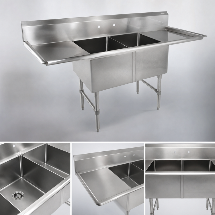 Product image #3 for John Boos B Series 2-Compartment Stainless Steel Sink with Left and Right Drainboards, 75-1/4 Inch Wide