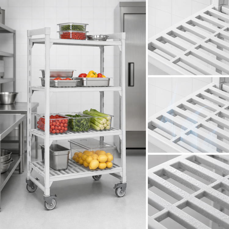 Product image #4 for Cambro Camshelving Premium 21-Inch Deep x 36-Inch Wide x 75-1/4-Inch High 4-Tier Vented Mobile Starter Shelving Unit, Speckled Gray