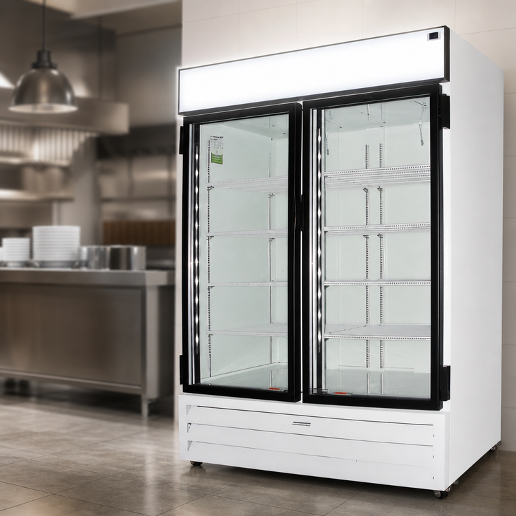 Product image #3 for Fogel Two-Section Glass Door Reach-In Refrigerator Merchandiser, 45 Cu. Ft., Bottom-Mounted Self-Contained