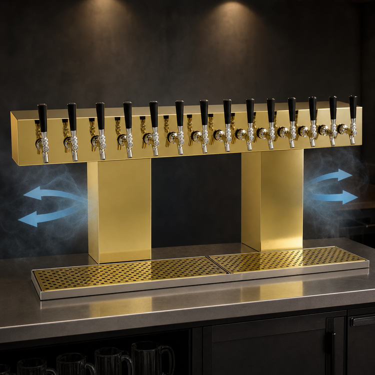 Product image #3 for Glastender Double-Column Bridge Draft Dispensing Tower, 14-Faucet, Countertop, Air-Cooled, Polished Brass Finish