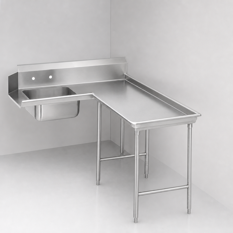 Product image #3 for Klinger's Trading Island Corner Soiled Dish Table with 20" x 20" x 5" Pre-Rinse Sink and 10" Backsplash