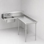 Thumbnail image #3 for Klinger's Trading DTS3084R-ISLAND Island Corner Soiled Dish Table, Right-to-Left, 16-Gauge Stainless Steel, Pre-Rinse Sink, 10" Backsplash