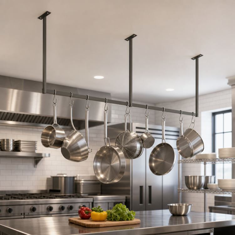 Product image #3 for John Boos Ceiling-Mount Single-Bar Stainless Steel Pot Rack with 8 Double Hooks, 91-1/4 Inch