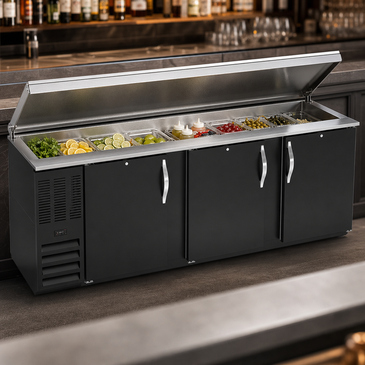 Product image #3 for Beverage-Air BB94HC-F-B Three-Section Food-Rated Back Bar Refrigerator with Solid Doors, Black Exterior