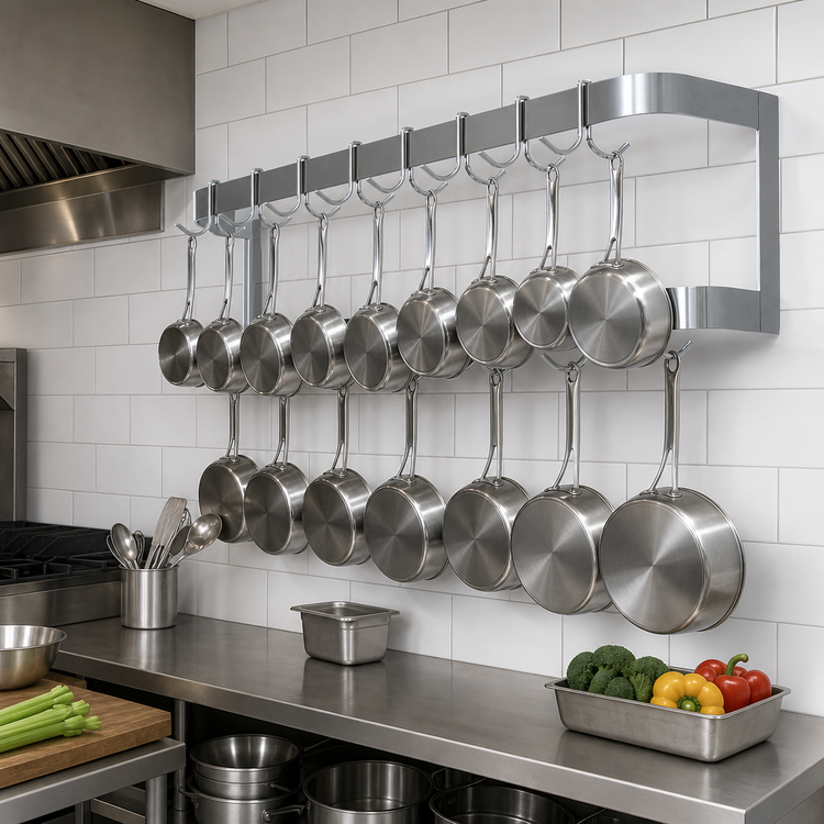 Product image #3 for Sapphire Manufacturing Wall-Mounted Double-Bar Stainless Steel Pot Rack with 18 Double Hooks, 84 Inch W x 12 Inch D