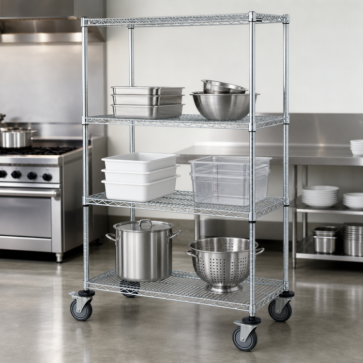 Product image #3 for Quantum 60"W x 18"D x 80"H Mobile Wire Shelving Cart with 4 Shelves, Chrome Plated Finish