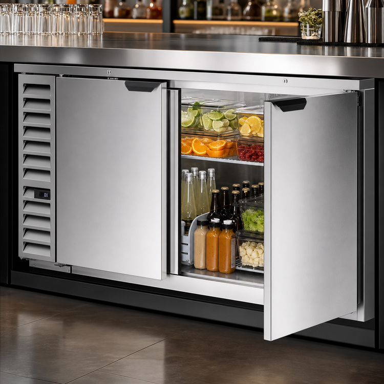 Product image #3 for Beverage-Air 68-Inch Two-Section Food-Rated Back Bar Refrigerator with Solid Doors and Left-Side Compressor (BB68HC-F-S)