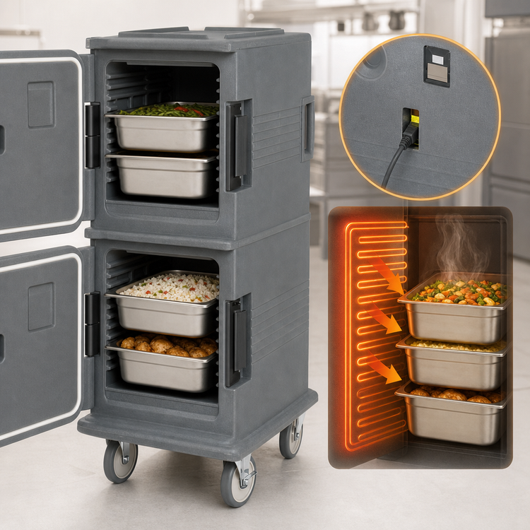 Product image #4 for Cambro Ultra Camcart Heated 2-Compartment Front-Loading Food Pan Carrier, Granite Gray, 110V