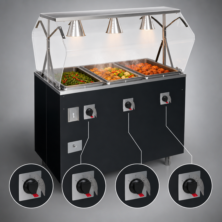 Product image #3 for Vollrath 2-Series Affordable Portable Deluxe 4-Well Mobile Hot Food Station with Illuminated Breath Guard, 60 In. Wide